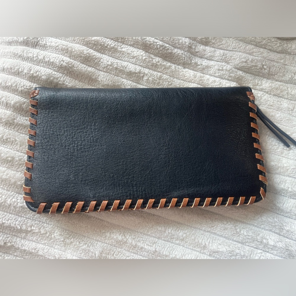 Kate and Alex Zippered wallet/billfold. Black with brown leather trim.